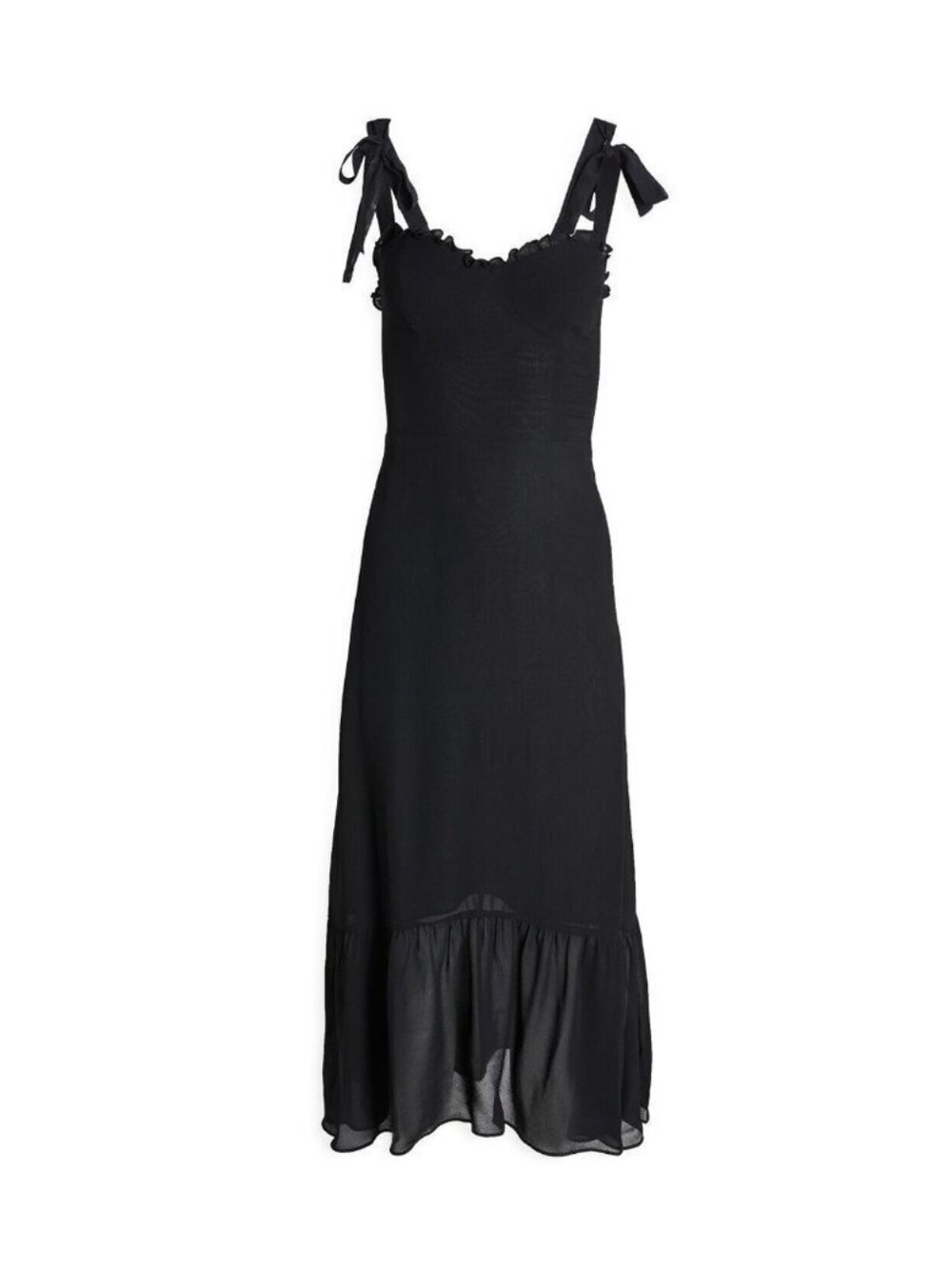 Reformation Nikita Midi Black Tie-Shoulder Frill Hem Georgette Dress